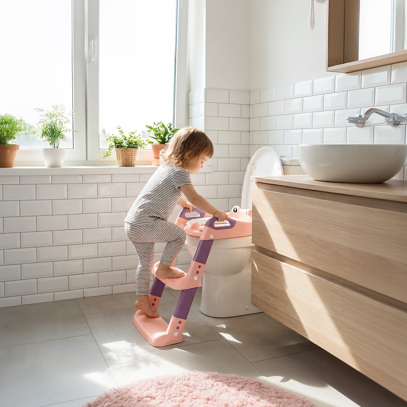 Kids Potty Training Seat Detachable Toddler Toilet Seat Ladder with Adjustable Height PVC Soft Cushion for Toddlers Boys Girls PP plastic+PVC Pink-actual_color-