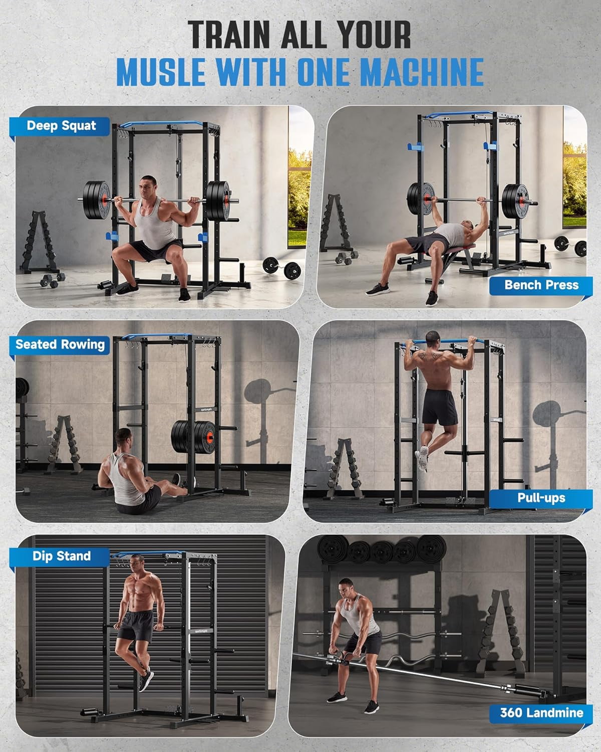 Sportsroyals Power Cage,1200lbs Multi-Function Power Rack with Adjustable Cable Crossover System Weight Cage for Home Gym,Blue
