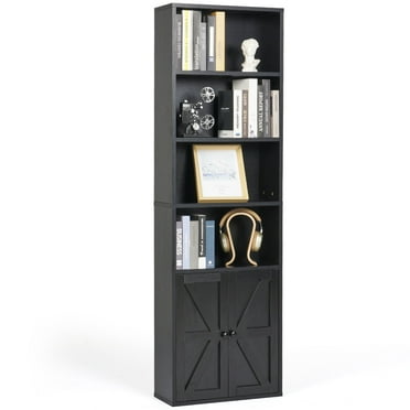 Easoger 6 Shelf Bookcase with Doors 71in Tall Bookshelf, Wooden Bookshelves with Cabinet Doors for Home Office, Black