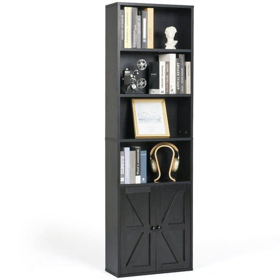 Easoger 6 Shelf Bookcase with Doors 71in Tall Bookshelf, Wooden Bookshelves with Cabinet Doors for Home Office, Black