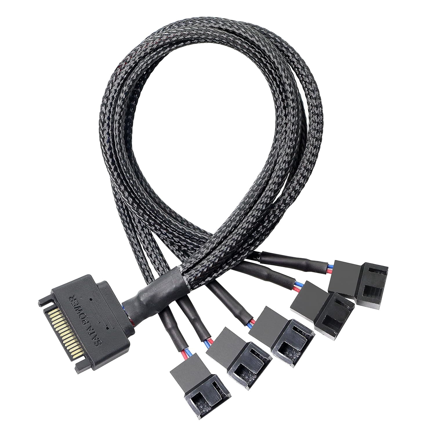 HRTGFD-SATA Cooler Fan Adapter Cable15 Pin SATA to 5 x 3/4 pin Fan Splitter Cable,15 Pin Male to 3 or 4 Pin Computer PC Case Fan Y Power Adapter Cable - 1.1Ft (Black- 1 to 5)