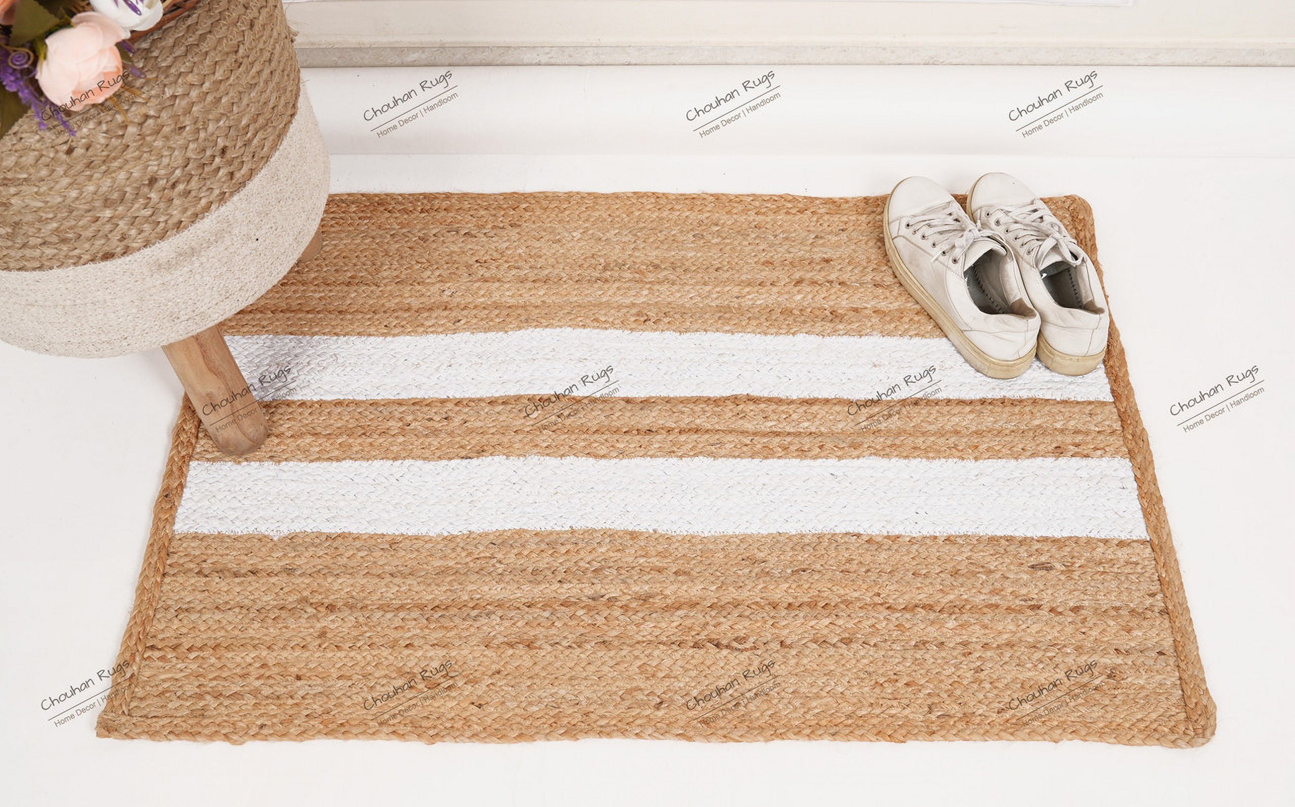 Rectangle Rug Natural Jute Rug Hand Braided Beige And White Color Area Rug