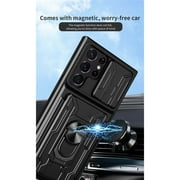 Wallet Case for Samsung Galaxy S25 Ultra with Camera Cover & Kickstand, Sliding Lens Protection Card Holder Slot 360°Rotate Ring Hybrid Rugged Bumper Cover for Samsung S25 Ultra, Black