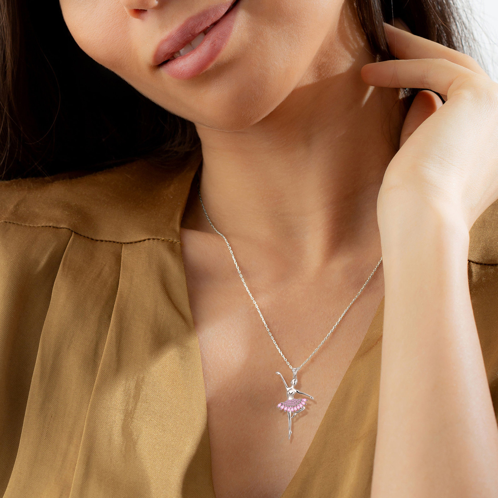 Juwaliy Pink Ballet Dancer Pendant Necklace, 925 Silver photo 4