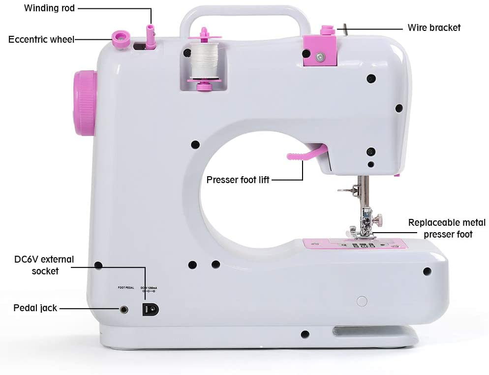 Sewing Machine Electric Portable with Foot Pedal Overlock 12 Built-in Stitches for Amateurs Beginners Embroidery Pink Safety 