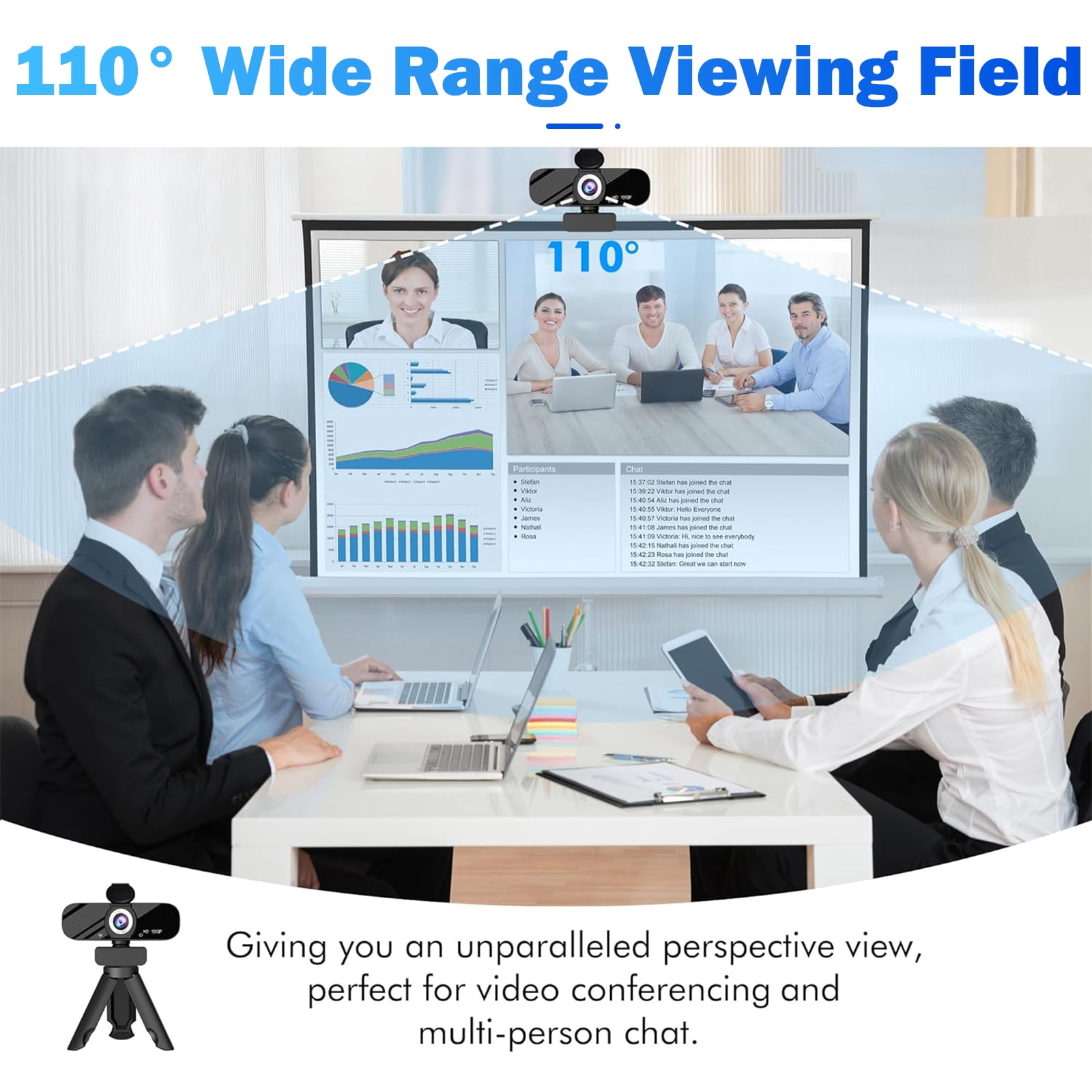 RONY 1080P Full HD Webcam with Built-in Microphone, Privacy Cover & Rotatable Tripod , Wide Angle USB Camera for Desktop PC and Laptop, Black