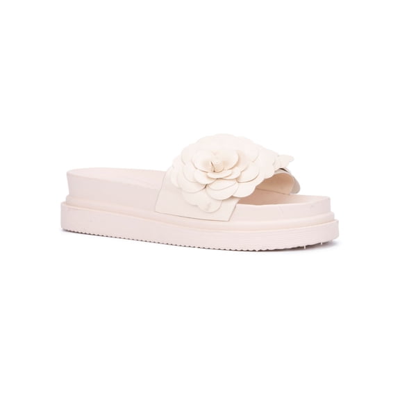 NEW YORK & CO Womens Nude Beige Flower Detail Comfort Camilia Round Toe Platform Slip On Slide Sandals Shoes 9
