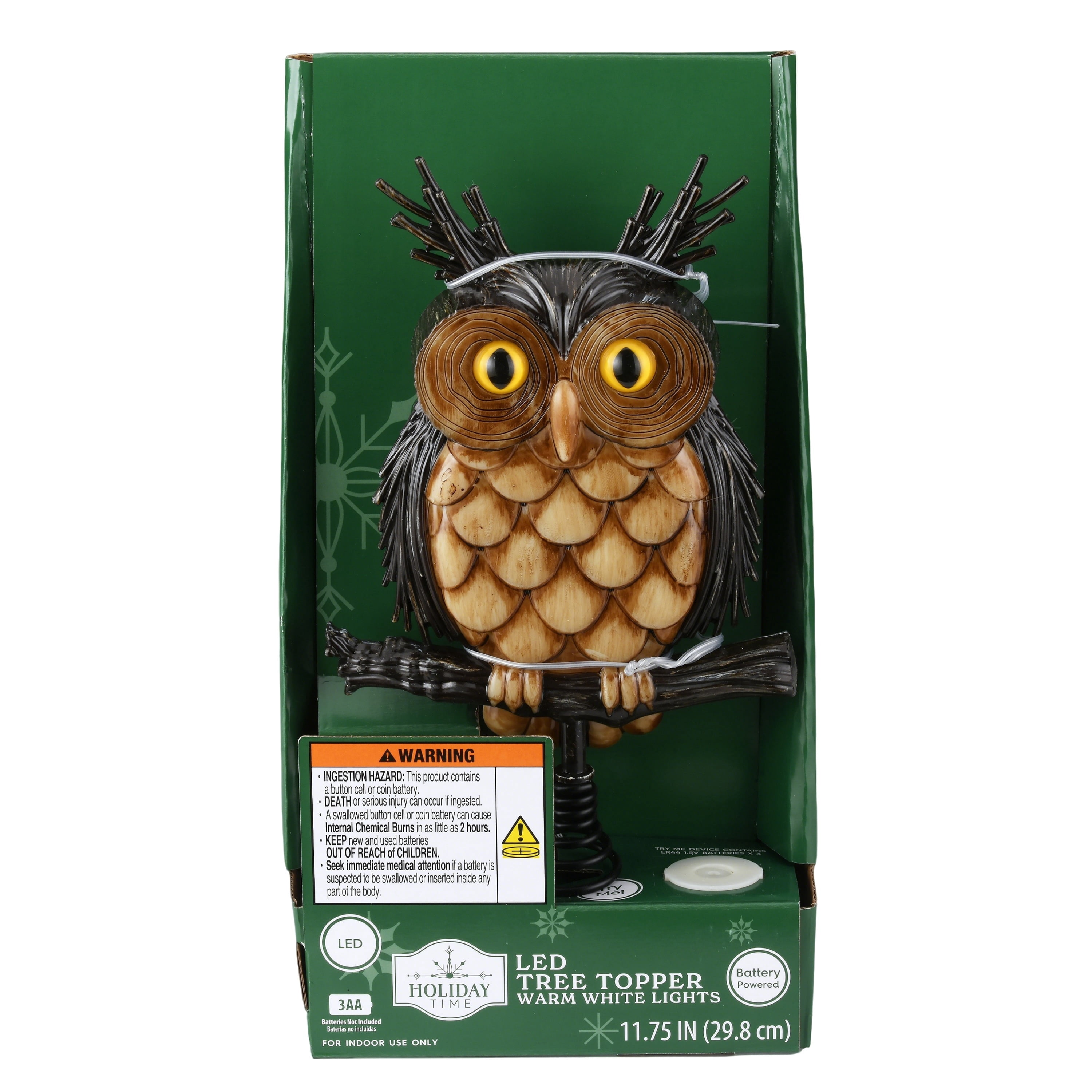 LED Owl Christmas Tree Topper, Brown, 11.75", by Holiday Time