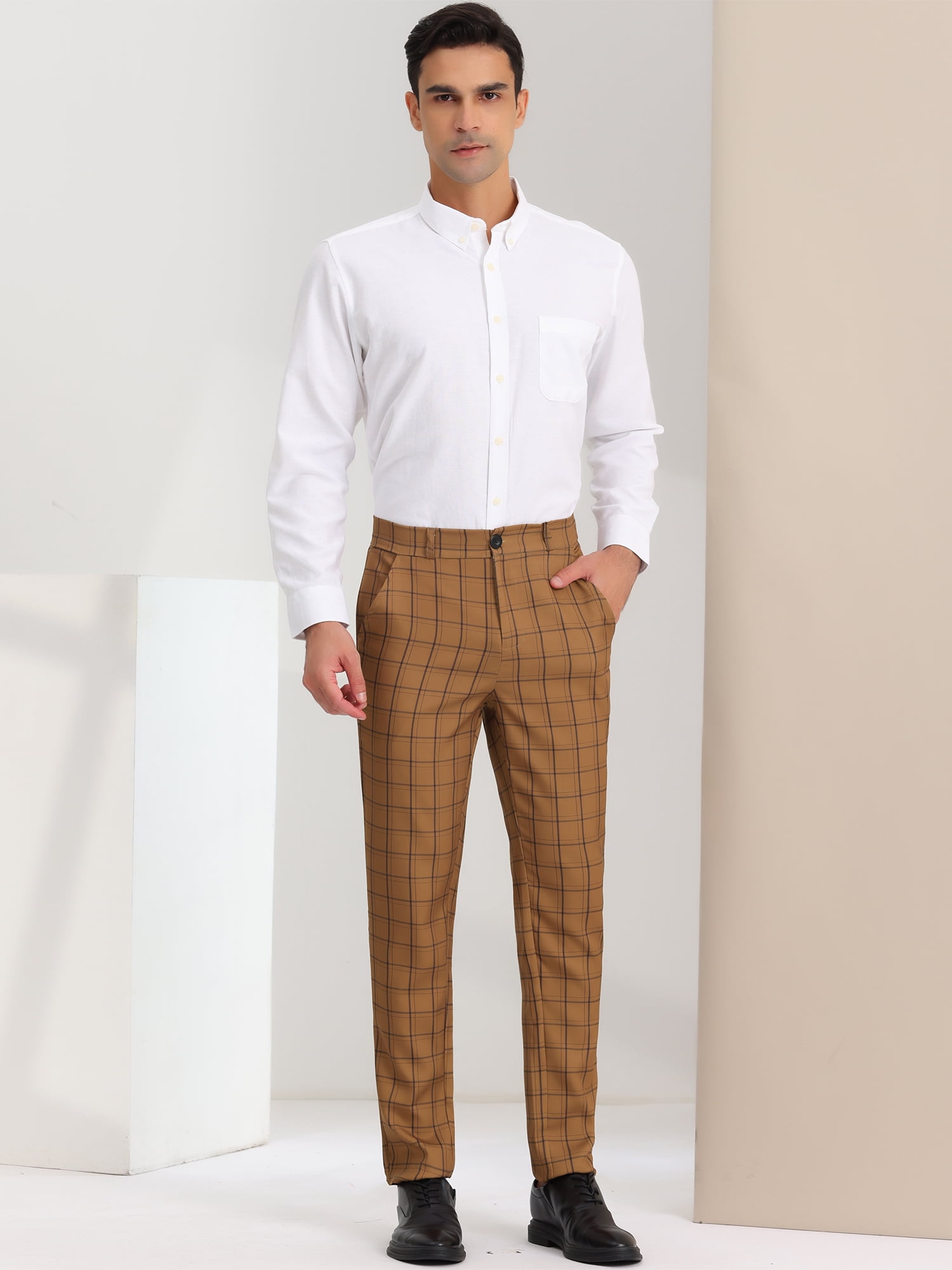 Unique Bargains Men's Dress Pants Slim Fit Checked Flat Front Business Plaid Formal Pants 30 Brown Black