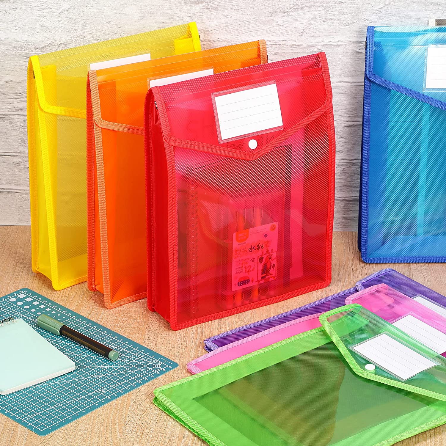 10 Pack Plastic Expanding File Folder, Transparent Envelopes File Folders with Pockets, No Dividers, Large Capacity, A4 Size, School Office Supplies, Colorful