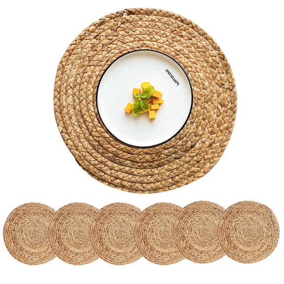 Woven Round Placemats Set of 6, 13.5 Inch Natural Water Hyacinth Rattan Wicker Braided Place Mats for Farmhouse Boho Indoor & Outdoor Table Decor