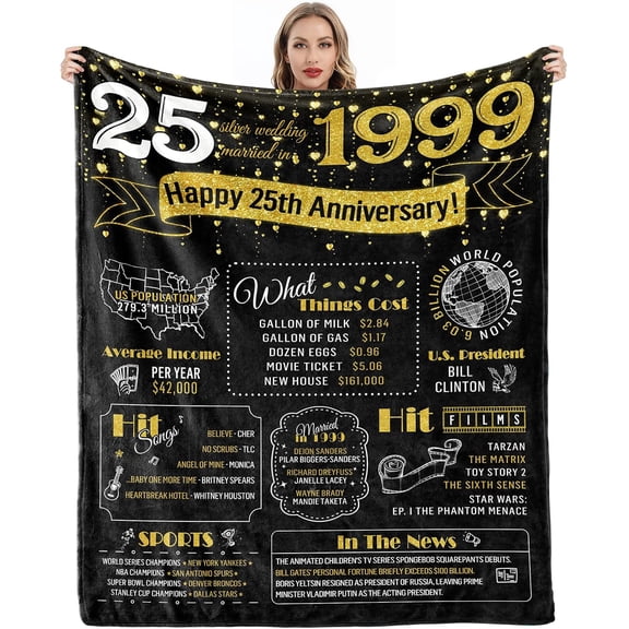 Happy 25th Silver Wedding Anniversary Blanket, Married In 1999, Back In 1999 News Blanket Him Her On Wedding Anniversary Day, 30x40in Fleece Blanket