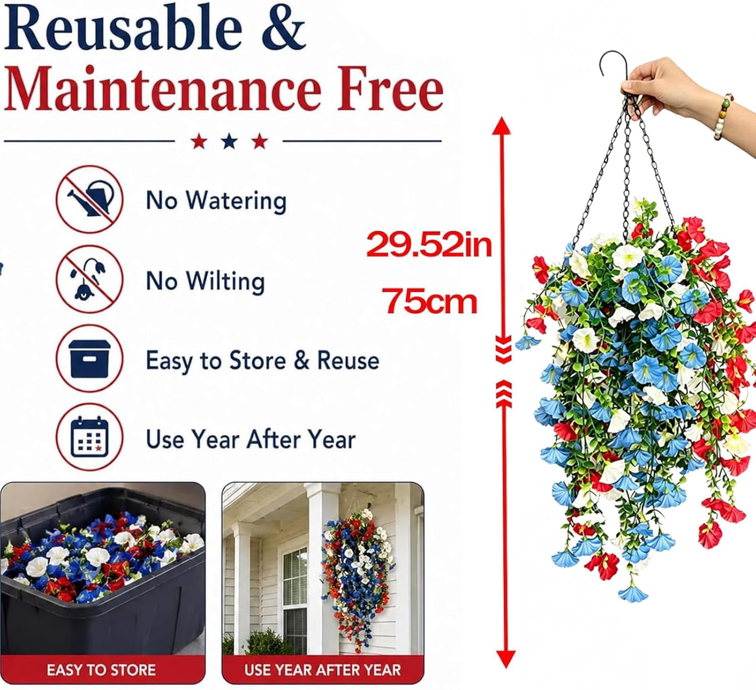 4th of July Decoration Tricolor Patriotic Artificial Flower, Fake Flowers Vine Decor for Patriotic Porch Outdoor