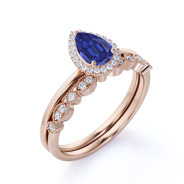 JeenMata Juego de Anillos de Boda de 2 Uds con Forma de Pera, Zafiro Azul Creado en Laboratorio y Halo Infinito para Mujer en Oro Rosa de 18 K sobre Plata