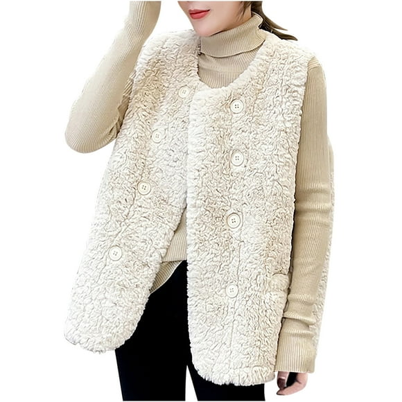 Womens Casual Fleece Sherpa Vest Double Breasted Solid Crew Neck Plush Sleeveless Jacket Fall Winter Cozy Fuzzy Waistcoat