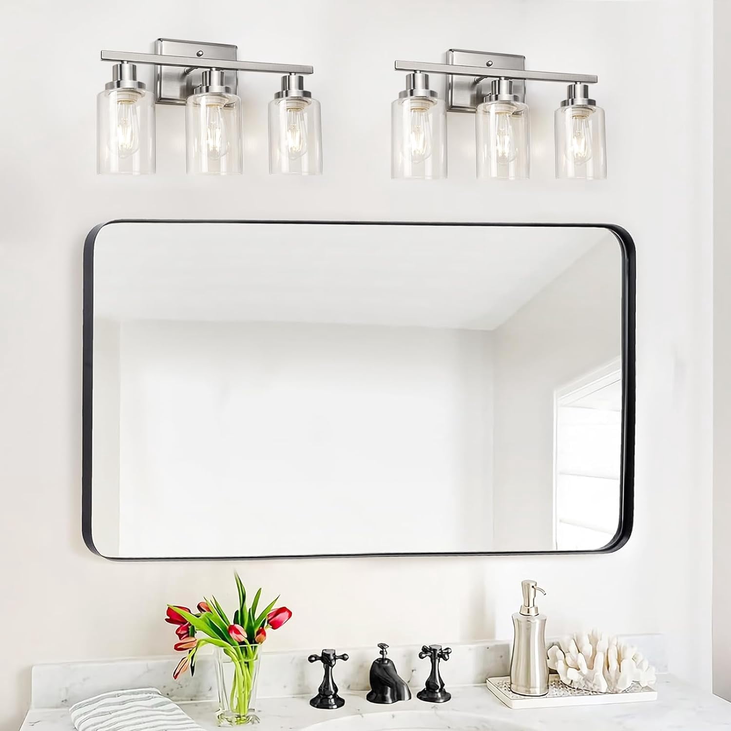 Bathroom Vanity Light Fixtures, 3 Light Wall Sconces Lighting with Clear Glass Shade, Brushed Nickel Wall Lights for Mirror, Kitchen, Living Room, Gallery, E26 Base (Bulbs Not Included)