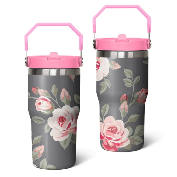 20oz Farmhouse Pink Floral Flowers Green Leaves Stainless Steel Tumbler with Top Handle,Pioneer Travel Coffee Mug Flip Straw Cup,Gifts for Women Girls Men Adults(pink)