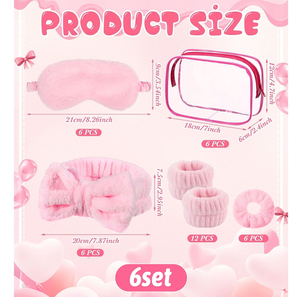 iMucci 36Pcs Sleep Spa Party Favors Set with 6 Storage Bags, 6 Eye Masks, 6 Pink Bows, 12 Wristbands, and 6 Plush Large Intestine Circles for Relaxation and Womens' Night