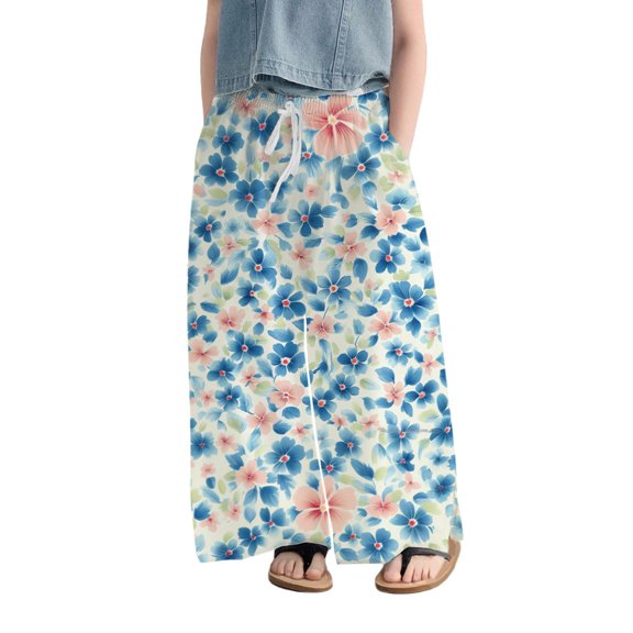 Mercatoo Girls B𝗼ho 𝗙loral 𝗣alazzo Pants High Waisted Wide Leg Culottes Lightweight Baggy Pants Loose 𝐋ounge Thin Beach Trousers