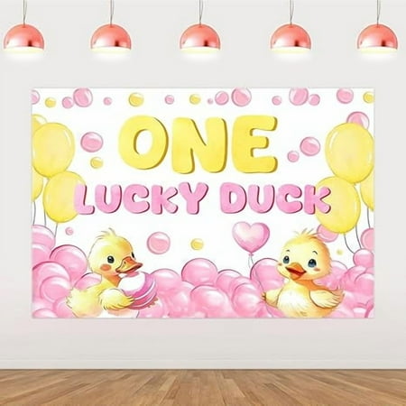 One Lucky Duck Backdrop Duck First Birthday Decorations Pink Bubble Cute Duck Photography Background Farm Animal Birthday Backdrop for Girls 1st Birthday Party Supplies 5x3ft