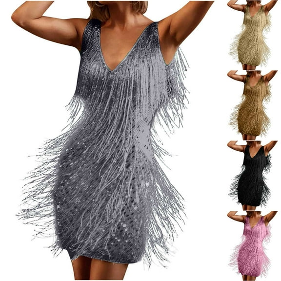 Plus Size Dresses for Women Casual,Tassel Dresses for Women Party Night,Fashion Women Sexy V Neck Shiny Fringe Dance Dress ,Tassel Sleeveless Dress Short Sequin Tassel Party Mini Dress