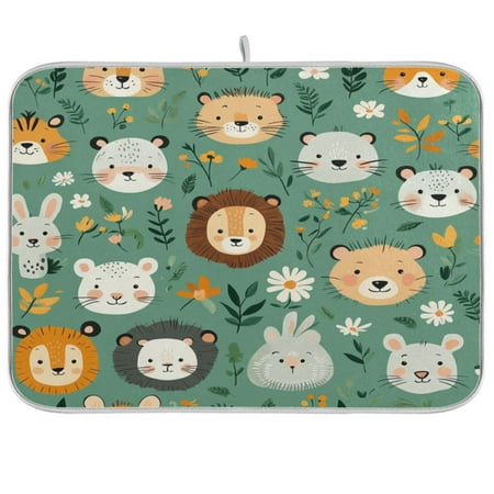 

Cute Animal Faces in A Seamless Jungle Pattern Kitchen Drying Mat Heat Resistant Drainage with Non-Slip Rubber Backing Hides Stains Super Absorbent Easy to Clean 18×24in