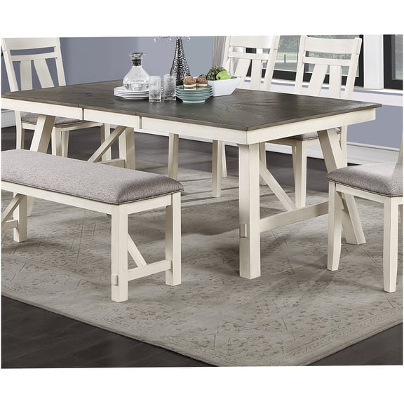 Antique White and Gray Solid Wood Dining Table with Leaf Extension, Modern Farmhouse Rectangular Kitchen Table for Dining Room