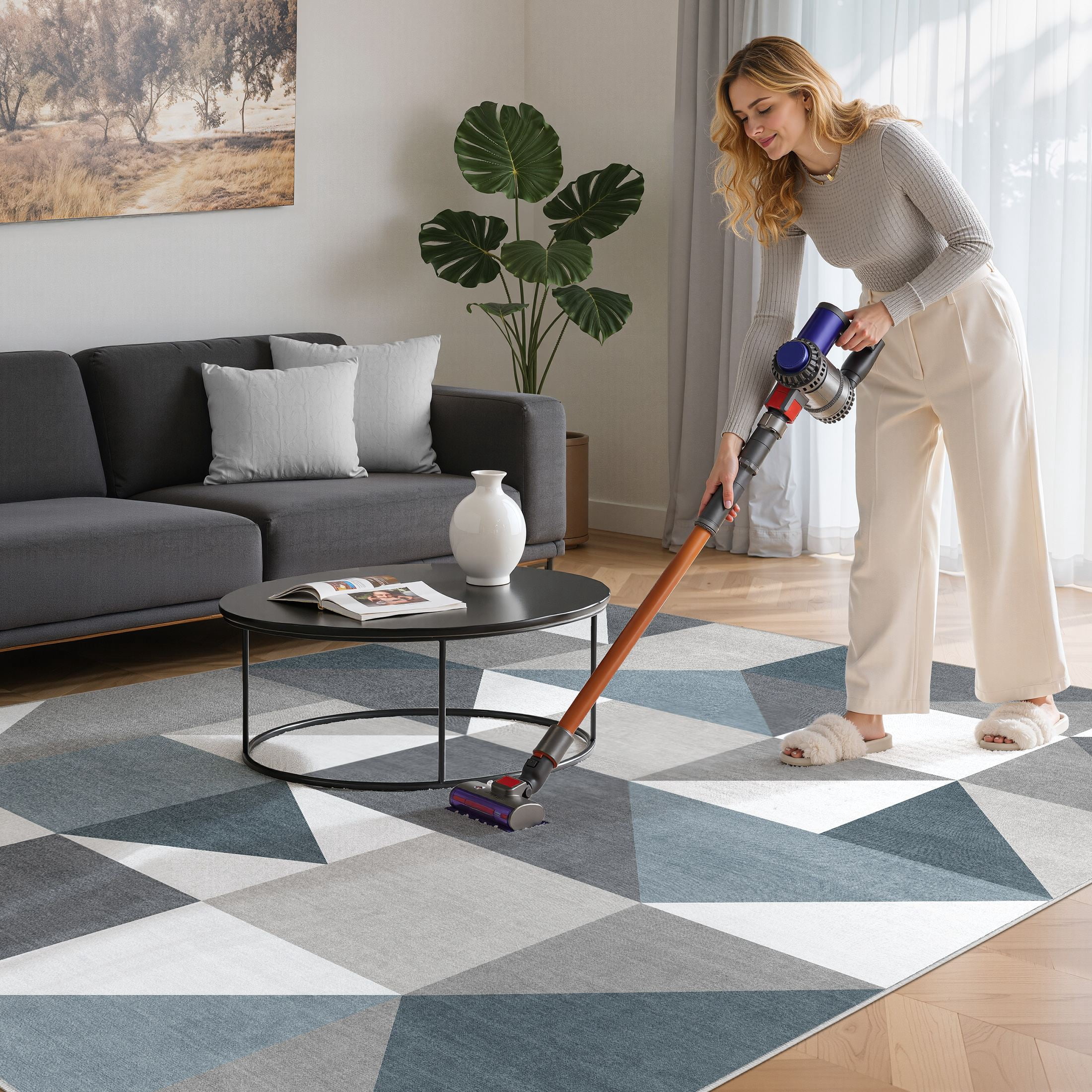 MICGEEK 9x12 Washable Area Rugs for Living Room, Modern Geometric Printed Rug, Vacuum-Friendly, Non Slip Indoor Rug for Bedroom Dining Room Home Decor Carpet, Blue&Gray
