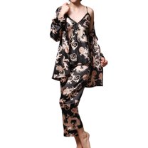 SWSMCLT Women's Long Sleeve Pajamas Satin Pj Set 3 Piece Silky Cami Long Sleep Long Pants Summer Sleepwear Sleepwear Black Medium
