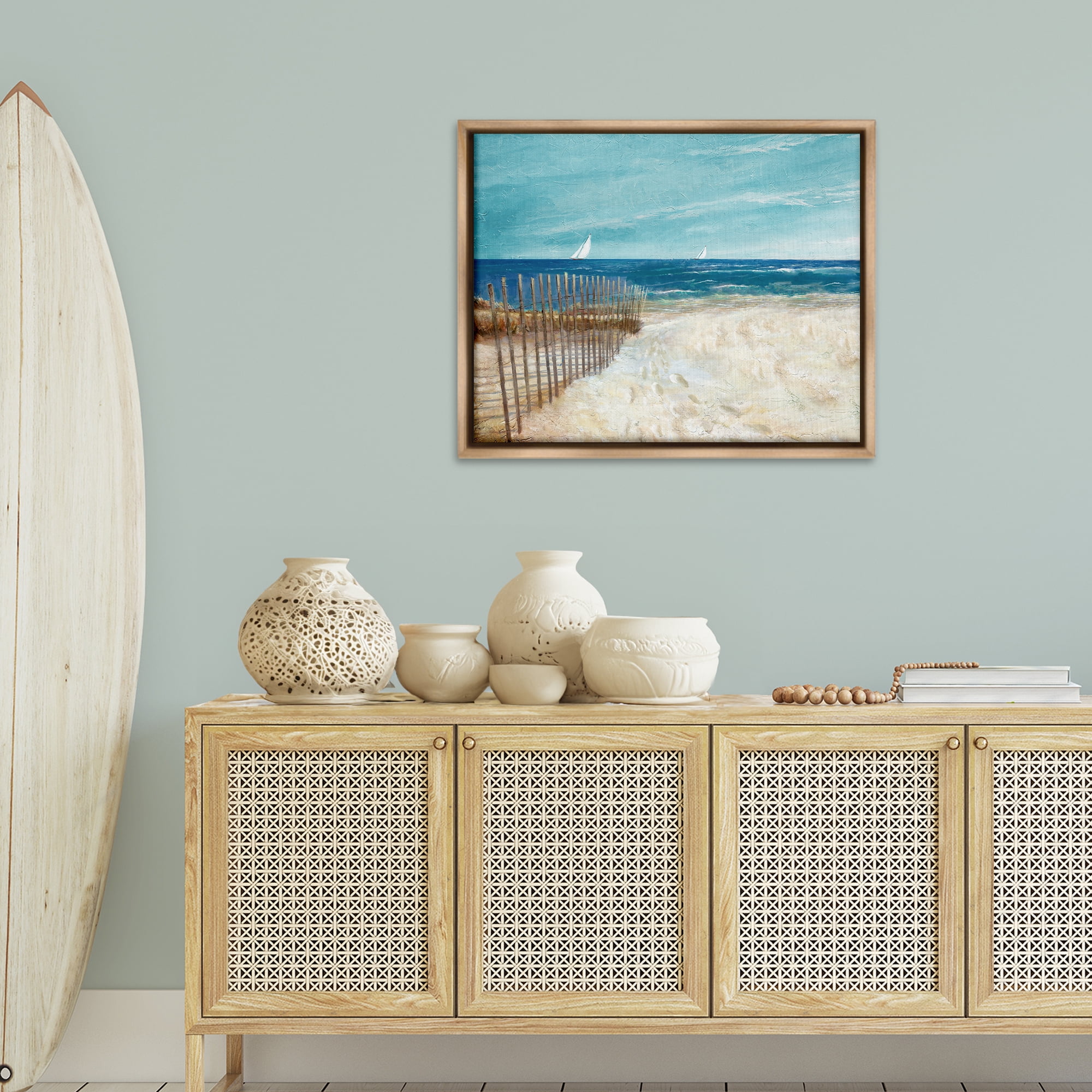 Stupell Industries Footprints by Sandy Fence Nautical & Beach Painting Brown Floater Framed Canvas Art Print Wall Art, 31 x 25
