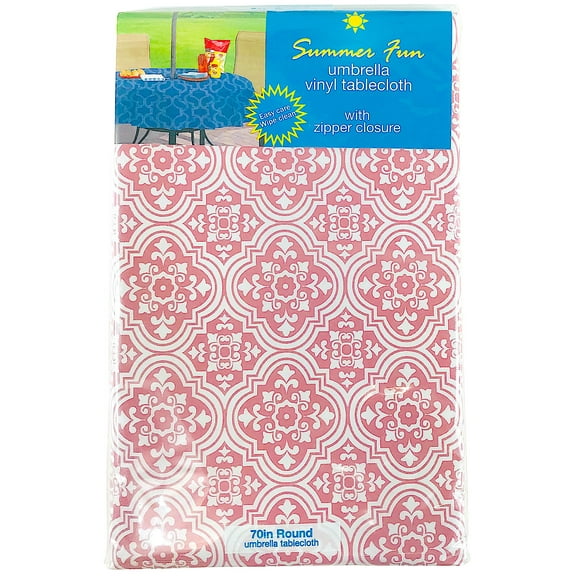 Elrene Summer Vinyl Tablecloths: Umbrella Hole with Zipper 70" Round, Icon Damask Pink
