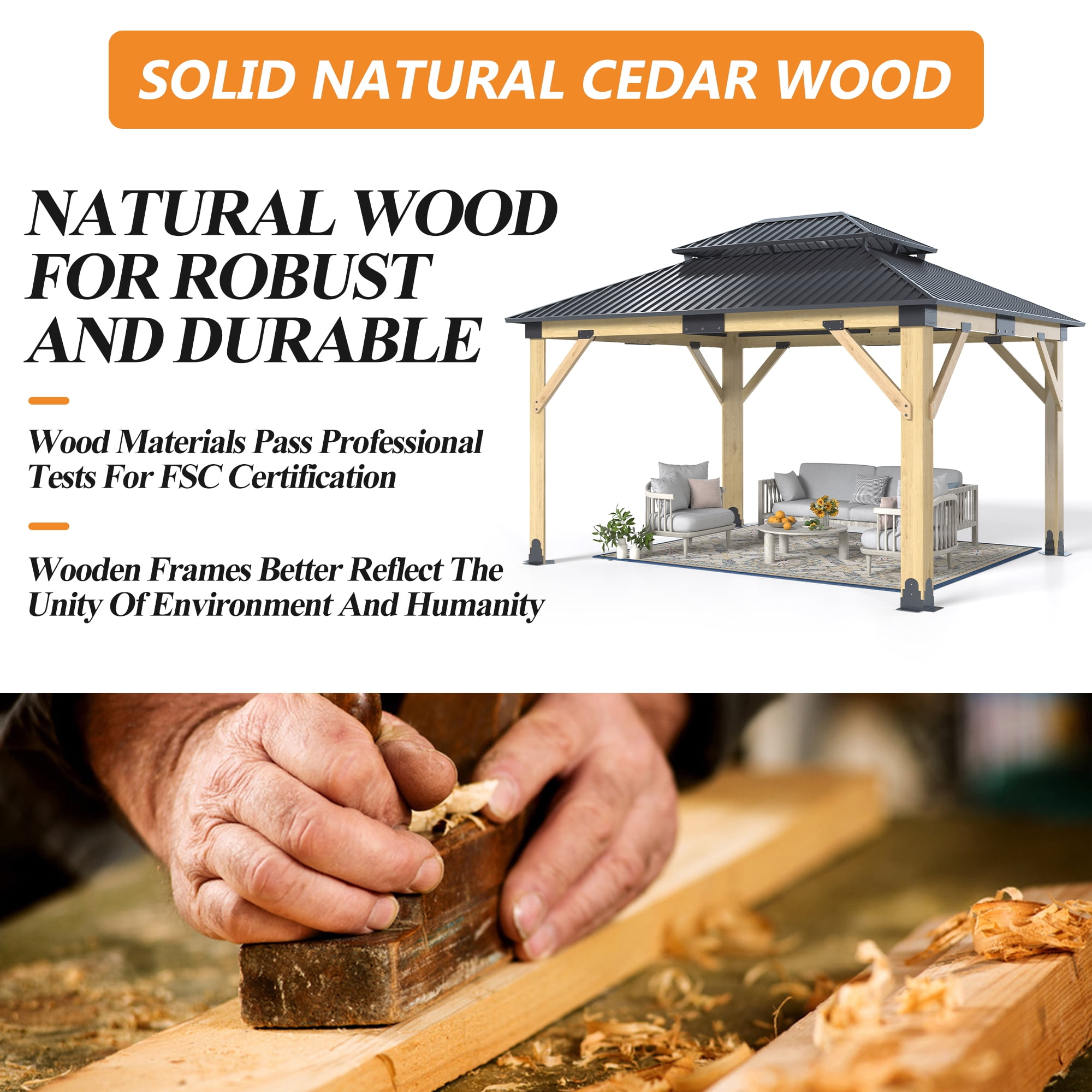Howsvn 11 x 13 ft. Patio Cedar Wood Hardtop Gazebo, Double Metal Roof Wooden Gazebos for Backyard, Deck, Lawns