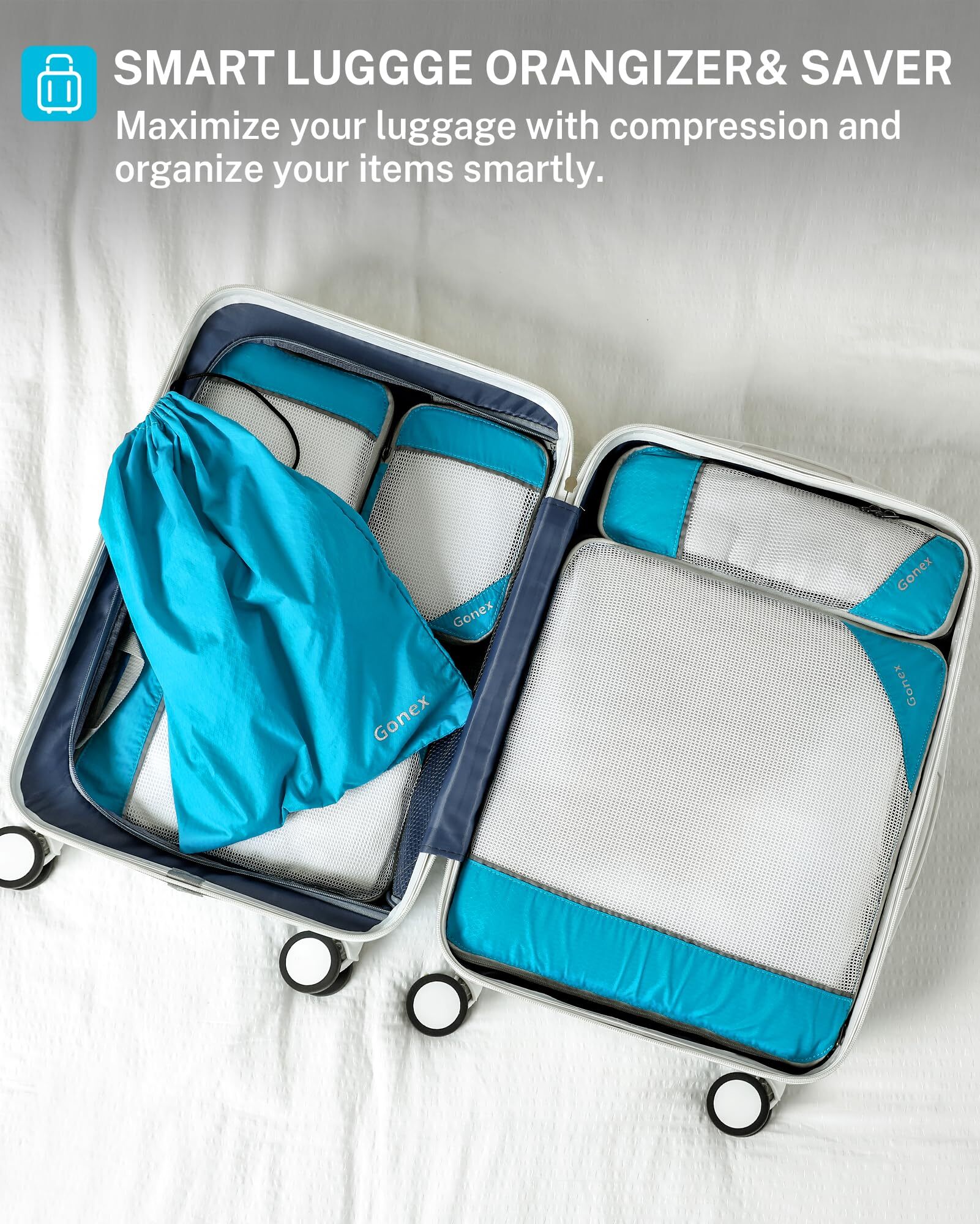 Gonex 6 Set Compression Packing Cubes, Blue Mesh Organizers photo 4