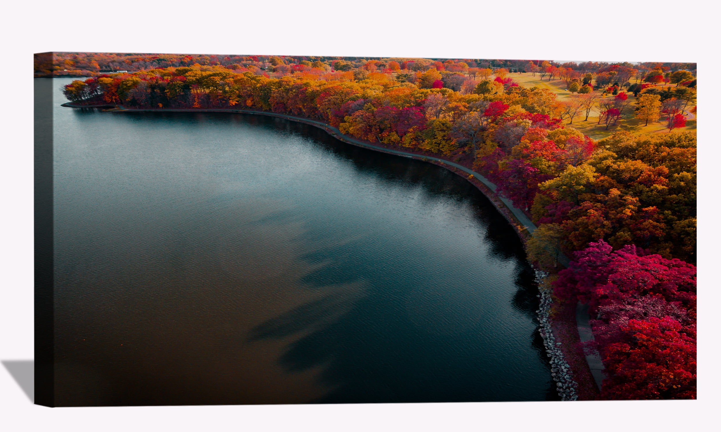 Autumn Lake Boundary Path Canvas Wall Art Colorful Autumn Framed ...