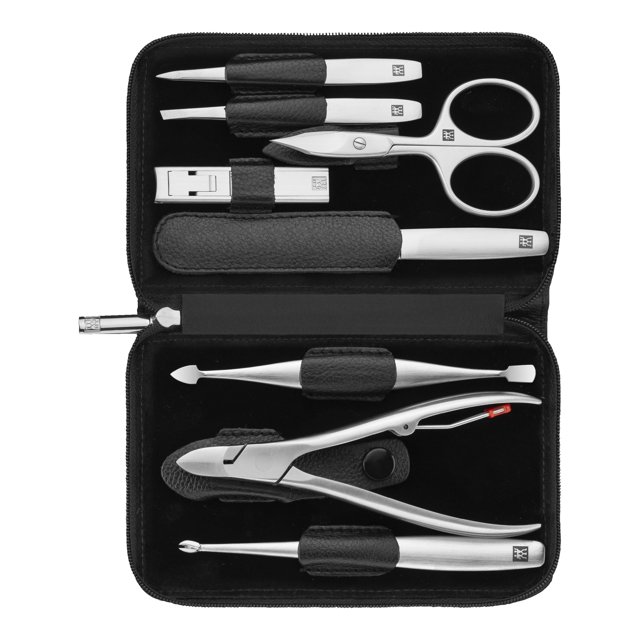 ZWILLING PREMIUM Nappa Leather Zip Fastener Case featuring an 8-piece manicure set with stainless steel tools, including nail scissors, sapphire nail file, cuticle pusher, twin instrument, pointed tweezers, slanted tweezers, nail clippers, and nail nipper. The tools are securely organized in a high-quality black leather case with a matte finish, measuring 14 x 10 cm. Designed for precision nail care, the corrosion-resistant tools are suitable for use in high humidity and offer durability and functionality.