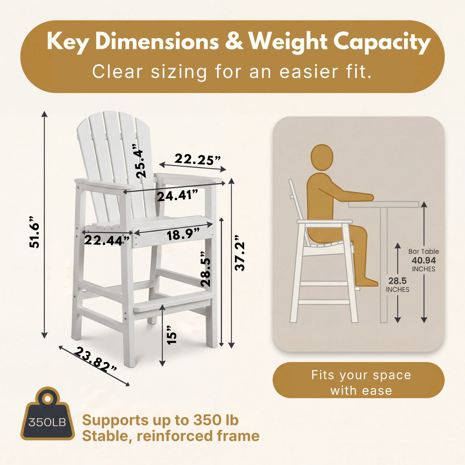 Bar Height Adirondack Chair with Cup Holder, Outdoor Patio HDPE Bar Chair with Armrests, Ergonomic High Back Chair for Deck, Porch, Backyard