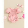 thumbnail image 4 of Bagilaanoe Newborn Baby Girl Summer Rompers Plaid Short Sleeve Off Shoulder Bodysuits + Headband 3M 6M 12M 18M Infant One Piece Jumpsuit, 4 of 7