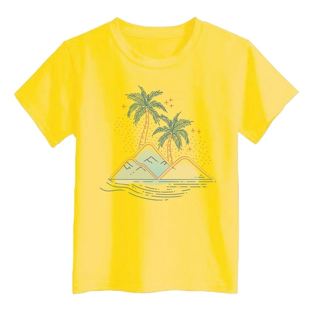 FAOWME T-Shirt Décontracté Imprimé le pour Garçons et Filles Col Rond Mode Enfants Confort Quotidien Plage Jaune 6-7 Ans