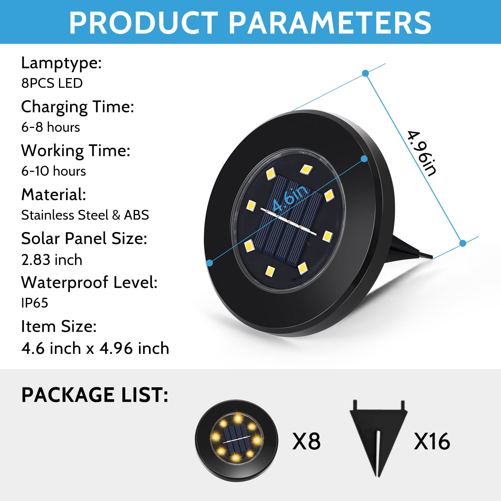 Solar Garden Lights In-Ground Disk 8 LED Warm Light Black Outdoor 8 Pack