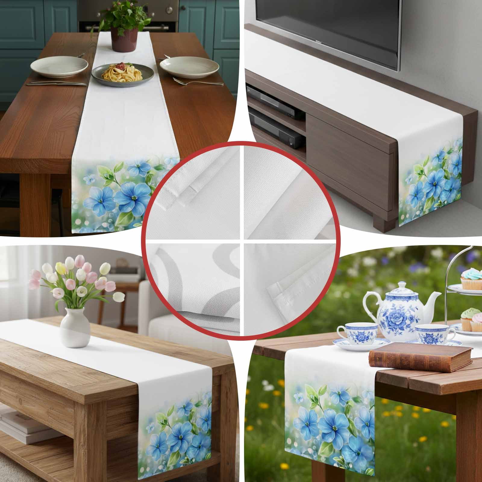 Watercolor Spring Blue Flower Green Leaves Table Runner 90 Inches Long, Pastoral Floral Table Runners Tabletop Scarf Kitchen Dining Tables Decoration for Home Party Indoor Outdoor
