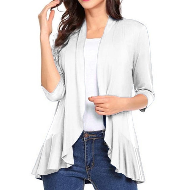 Txlixc Chaqueta de cardigan para mujeres, 3 / 4 mangas chaqueta de chaqueta delgada con pliegues casuales Txlixc moda