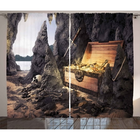 Amber Living Room - Fantasy Curtains 2 Panels Set, Open Treasure Chest with Golds and Sword in Cave Pirate Fairy Illustration, Window Drapes for Living Room Bedroom, 108W X 84L Inches, Charcoal Grey Amber, by Ambesonne