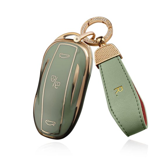 Fit for Tesla Fit for Model X Key Fob Cover Keyless Full Protection Soft TPU Golden-Edge Smart Key Holder Case with Leather Keychain