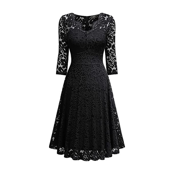 Gibobby Vestidos cortos de mujer Vestido de mujer con cuello de encaje vintage y cintura metida con encaje(Negro,XL)