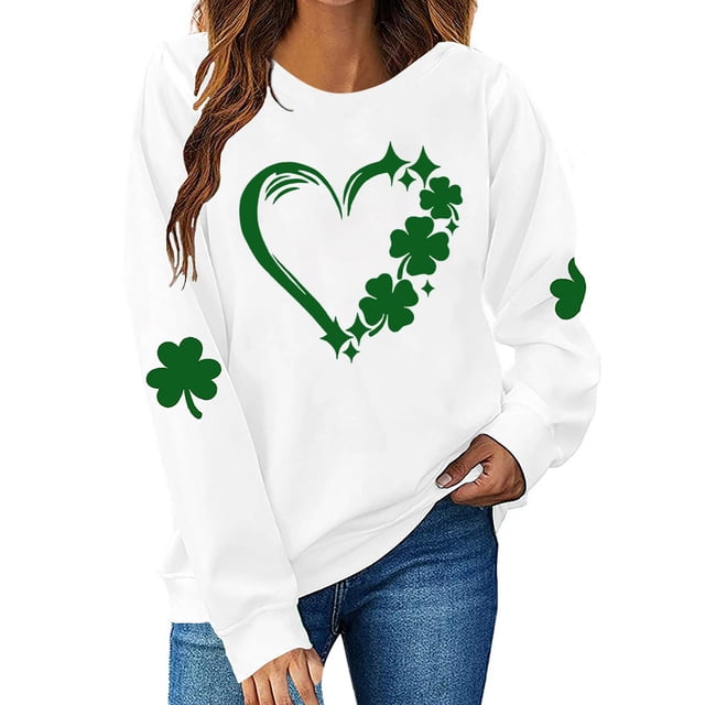 Besolor Chandail en Molleton pour Femmes St Patricks Day Trèfle Imprimé Manches Longues Pull Décontracté Col Rond Graphique