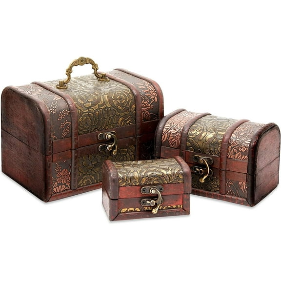 Wooden Treasure Chest Set - 3 Nesting Boxes, Brown Floral - Decorative Storage & Jewelry Box with Hinged Lid, Vintage Antique Decor