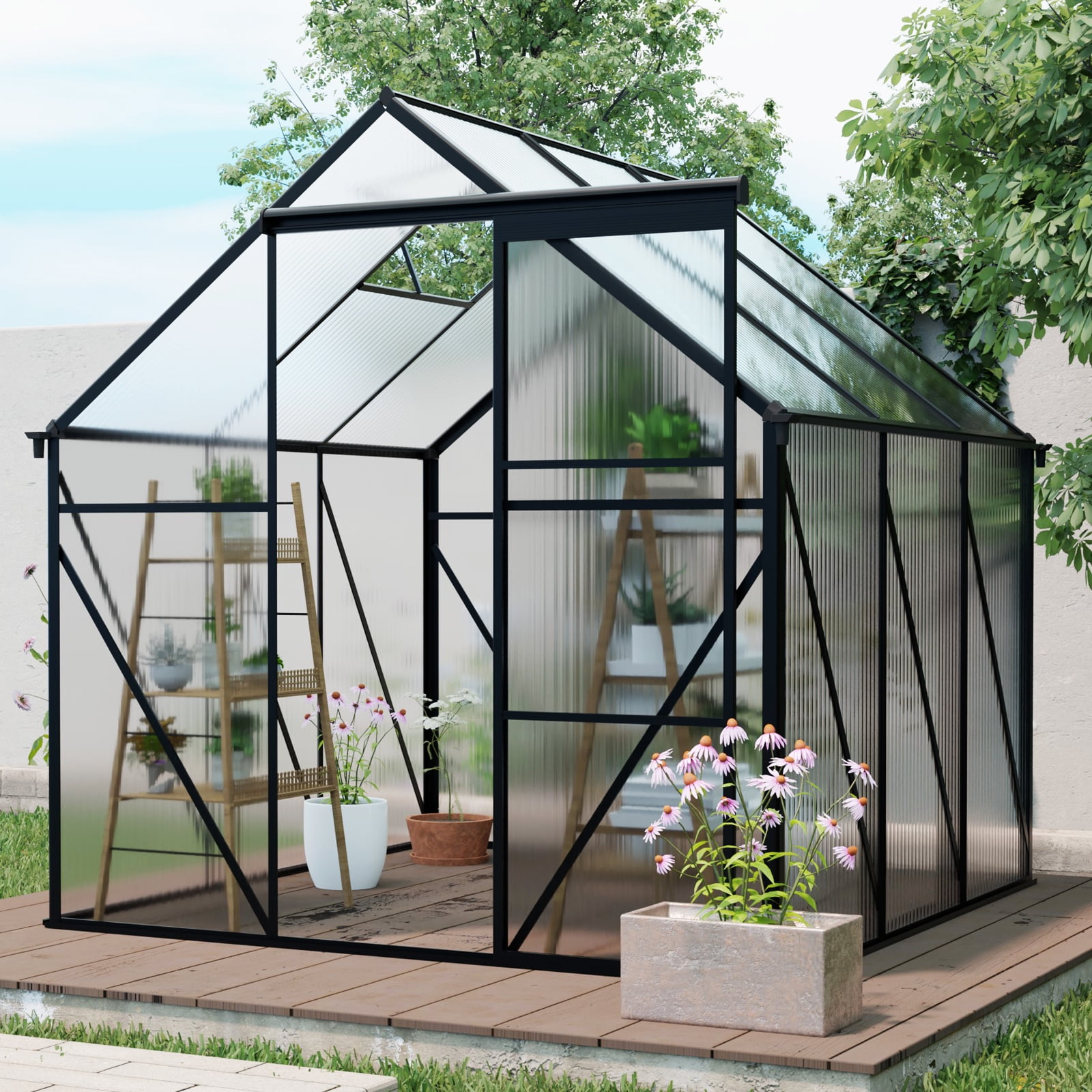 6X6FT-BLACK Polycarbonate Greenhouse Raised Base and Anchor Aluminum Heavy Duty Walk-in Greenhouses for Outdoor Backyard in All Season (W540S00002)
