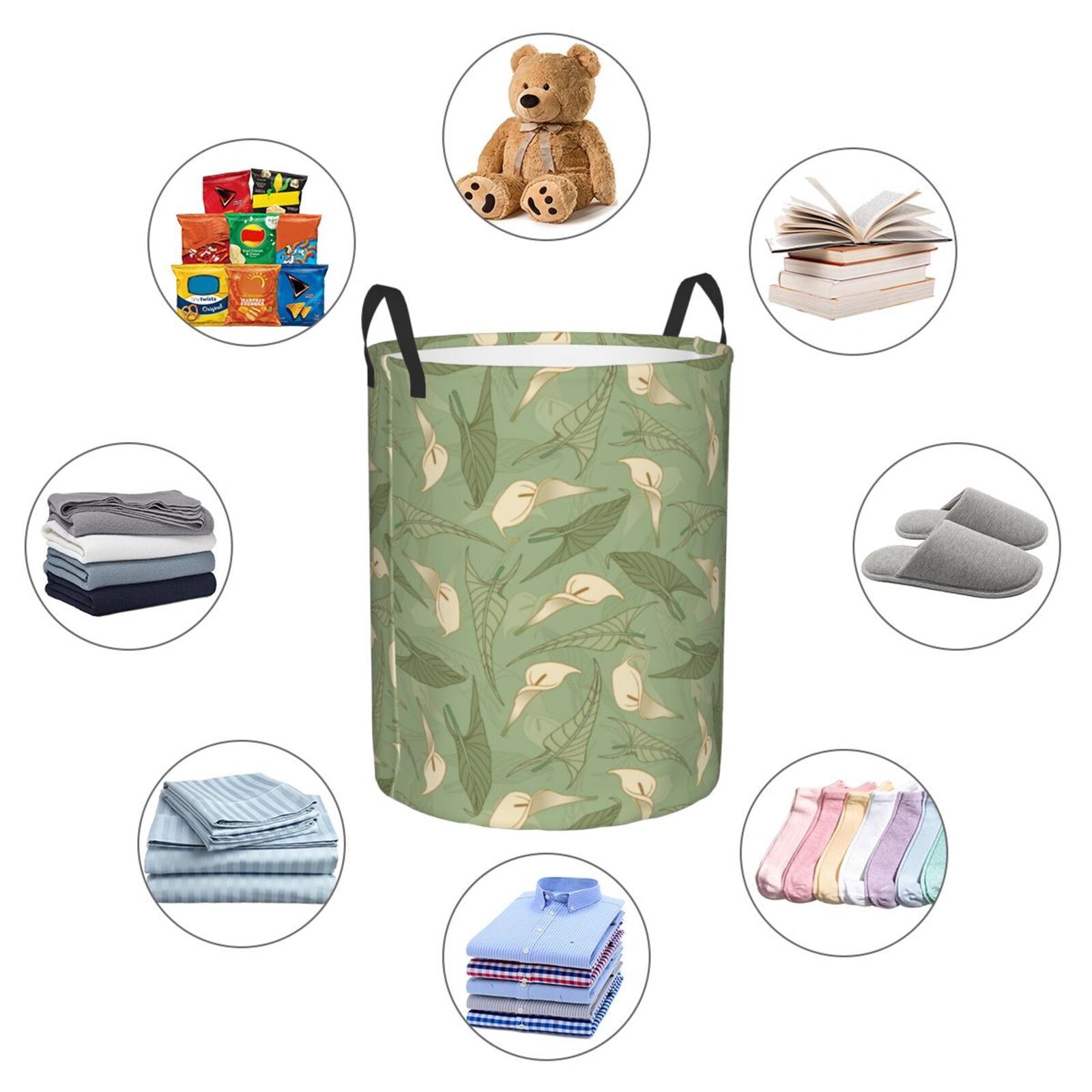 Large Laundry Basket with Handles - Green Leaves Calla Lily Flowers Kids Baby Dirty Clothes Laundry Hamper for Bedroom Aesthetic