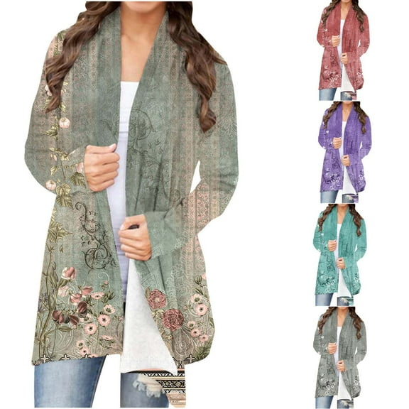 Lightweight Cardigans for Women,Summer Open Front Long Sleeve Blouse Loose Flowy Tops Floral Print Boho Beach Cover Up Thin Jacktet