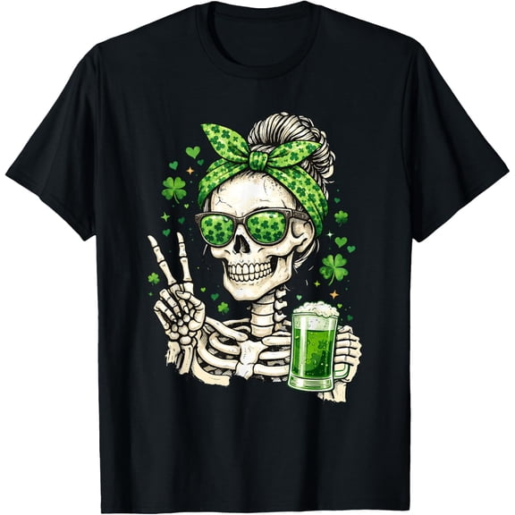 Skull Sunglass Messy Bun Irish Funny St Patrick's Day Women T-Shirt